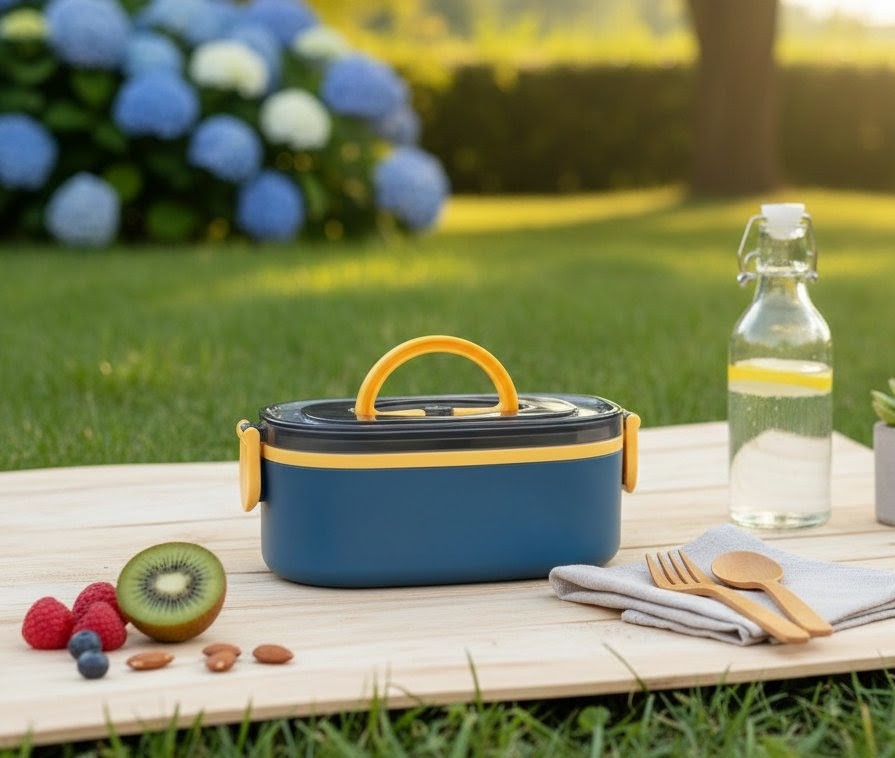 800ML insulated lunch box with spoon in blue, green, or pink, microwave safe and reusable