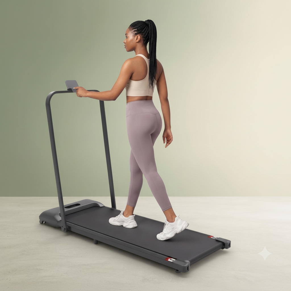 Foldable portable treadmill walking pad with remote control, LED display, and 1 to 6 km/h speed.