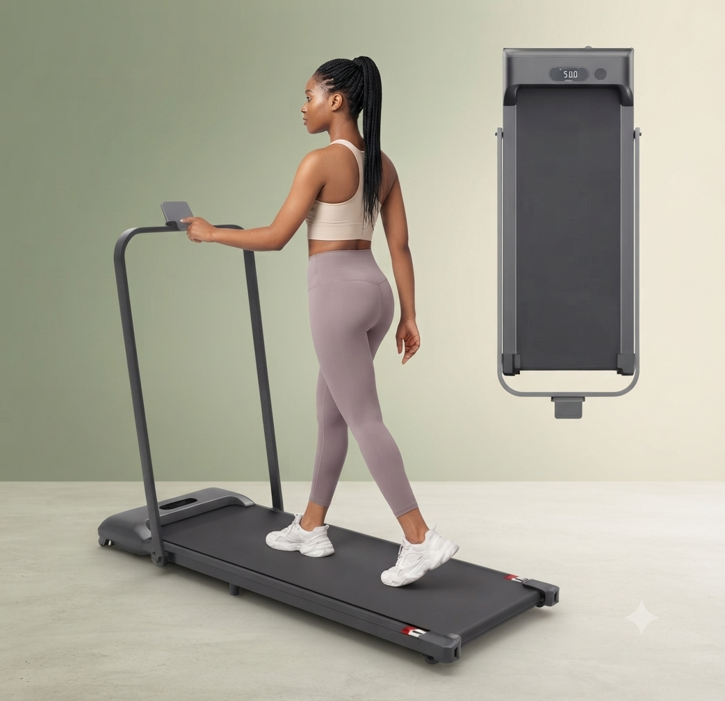 Foldable portable treadmill walking pad with remote control, LED display, and 1 to 6 km/h speed.