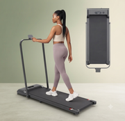 Foldable portable treadmill walking pad with remote control, LED display, and 1 to 6 km/h speed.
