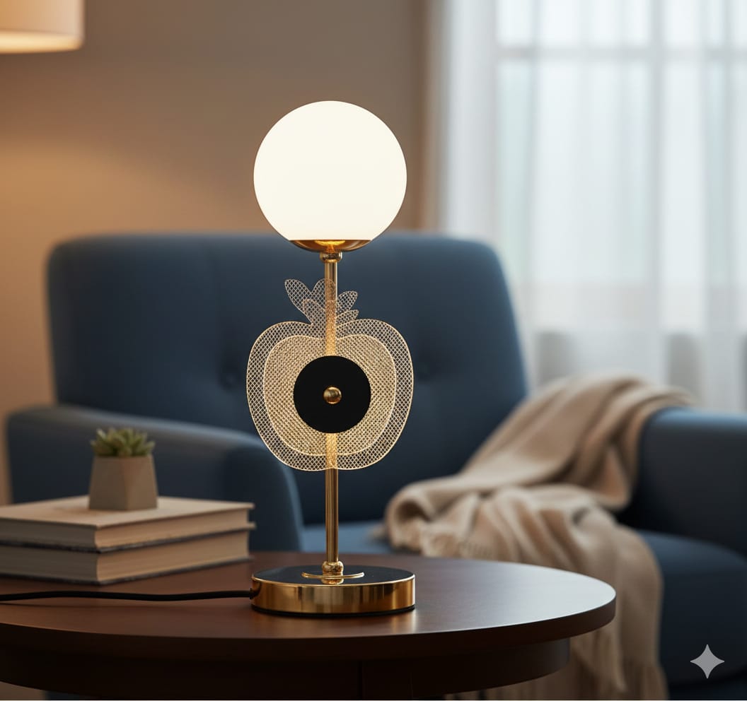 Apple glow LED table lamp with white glass globe decorative ambient lighting for bedroom living room office desk and home décor 13x13x38cm.