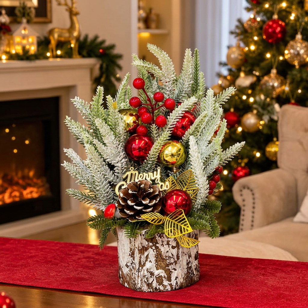 35cm  Decorated Snow-Dusted Mini Christmas Tree with Red and Gold Ornaments
