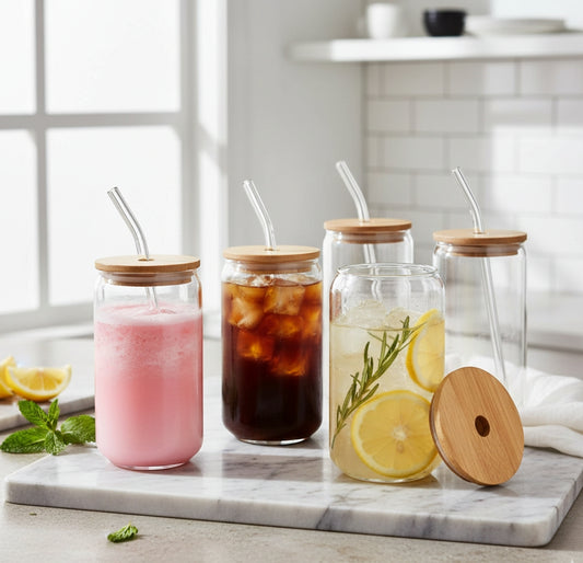 470ml Transparent glass cup with bamboo lid and glass straw