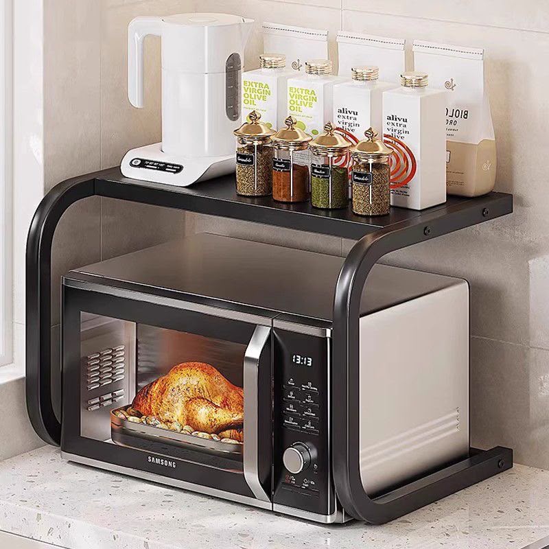 1 Tier black metallic microwave organizer shelf with heavy-duty frame for kitchen space-saving storage and appliance support