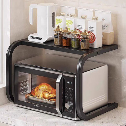 1 Tier black metallic microwave organizer shelf with heavy-duty frame for kitchen space-saving storage and appliance support