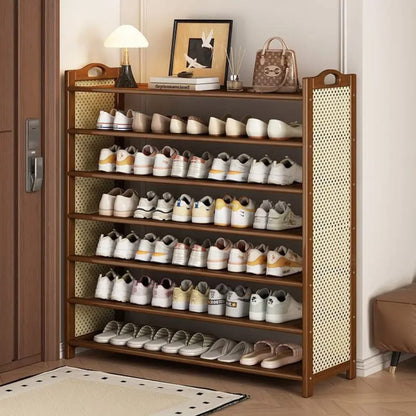 5-layer brown bamboo shoe rack measuring 90 × 21 × 68 cm, holding up to 30–36 pairs of shoes.