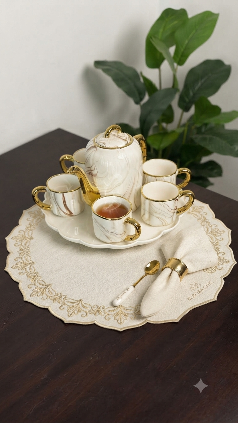 Brown marble tea set with teapot, 6 cups, gold detailing and flower tray.