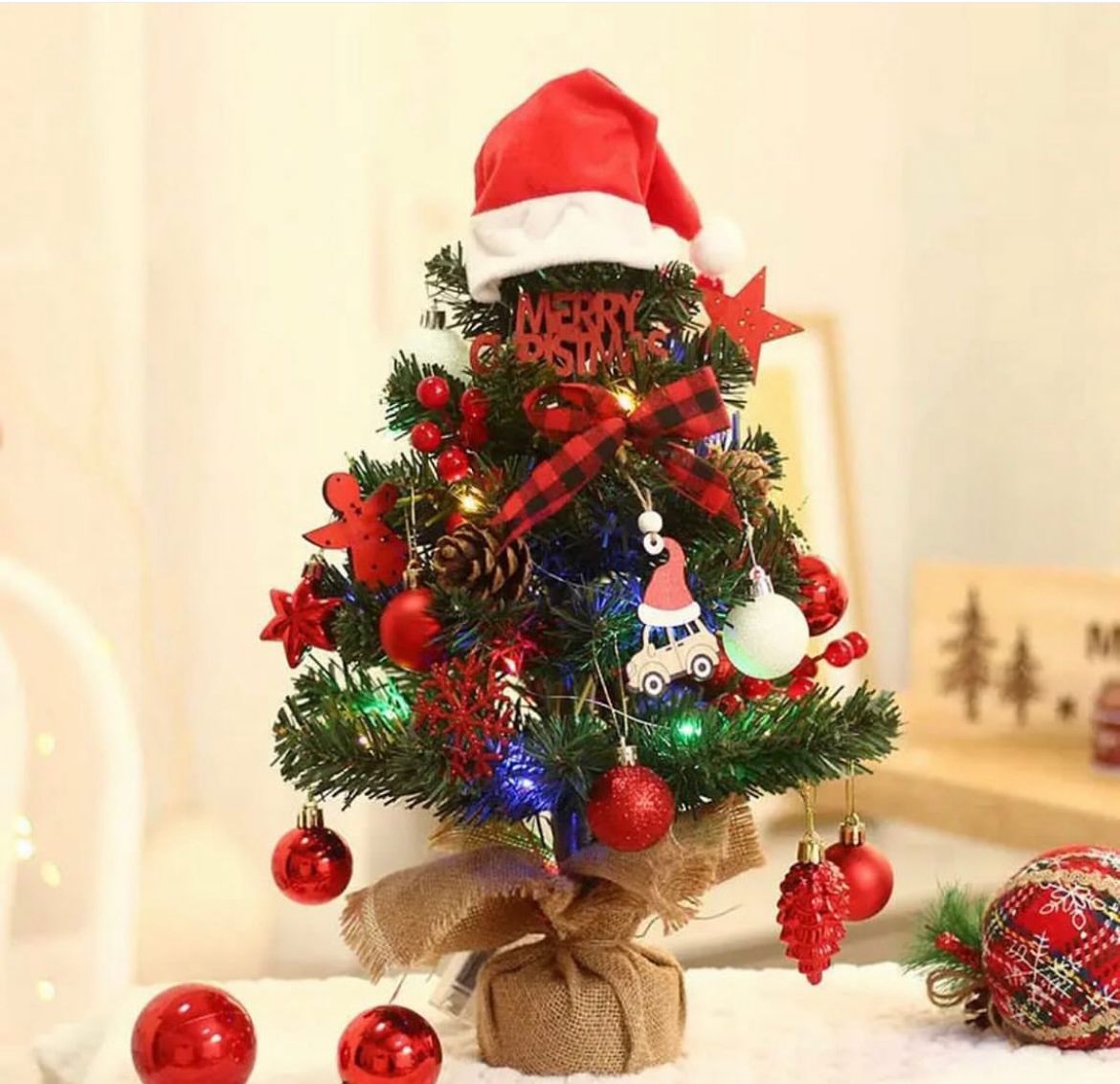 Potted Tabletop Christmas Tree With Lights And Decorations