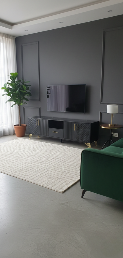 Five-foot TV stand with a marble top designed for modern living rooms.