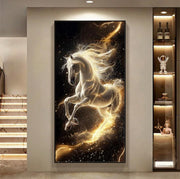 Modern crystal LED gold horse canvas wall art, illuminated decorative piece for living room or office. 