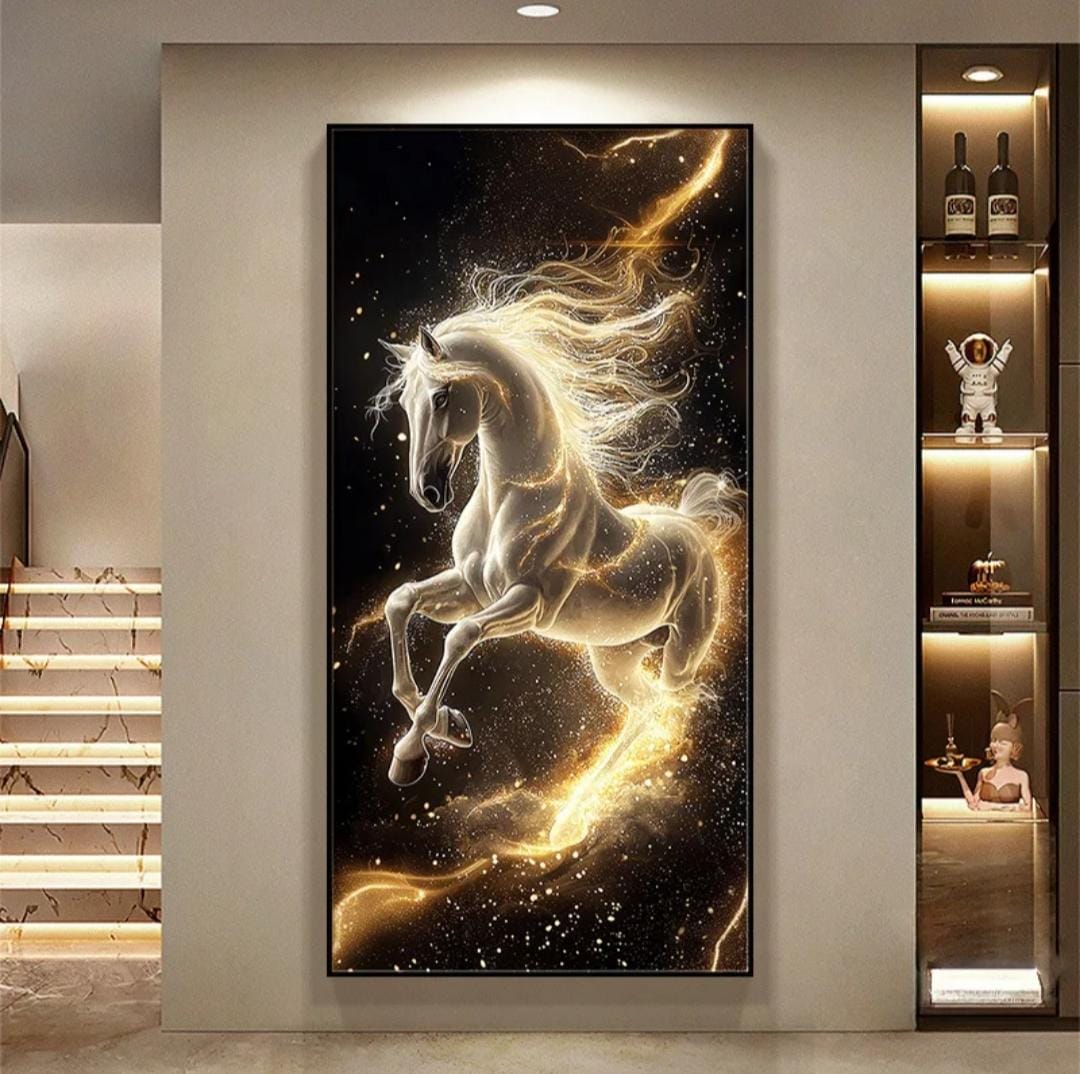 Modern crystal LED gold horse canvas wall art, illuminated decorative piece for living room or office. 