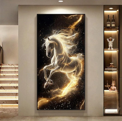 Modern crystal LED gold horse canvas wall art, illuminated decorative piece for living room or office. 