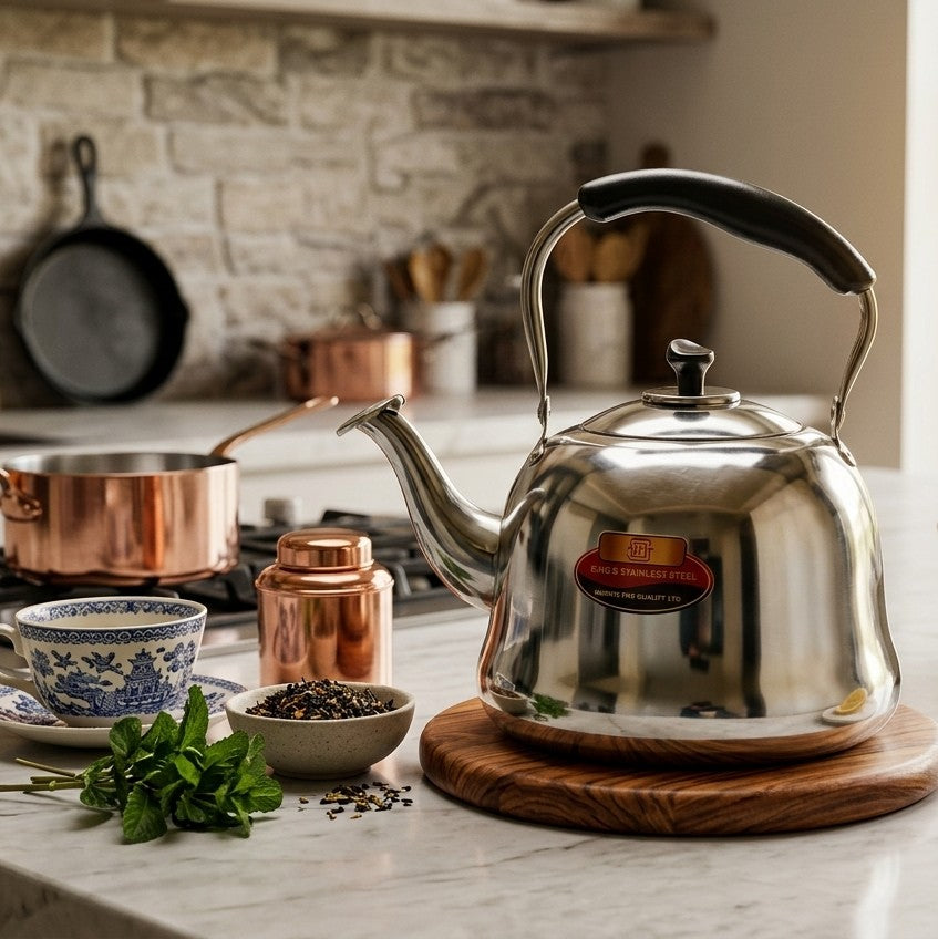 Polished stainless steel whistling tea kettle with gooseneck spout and heat resistant handle.