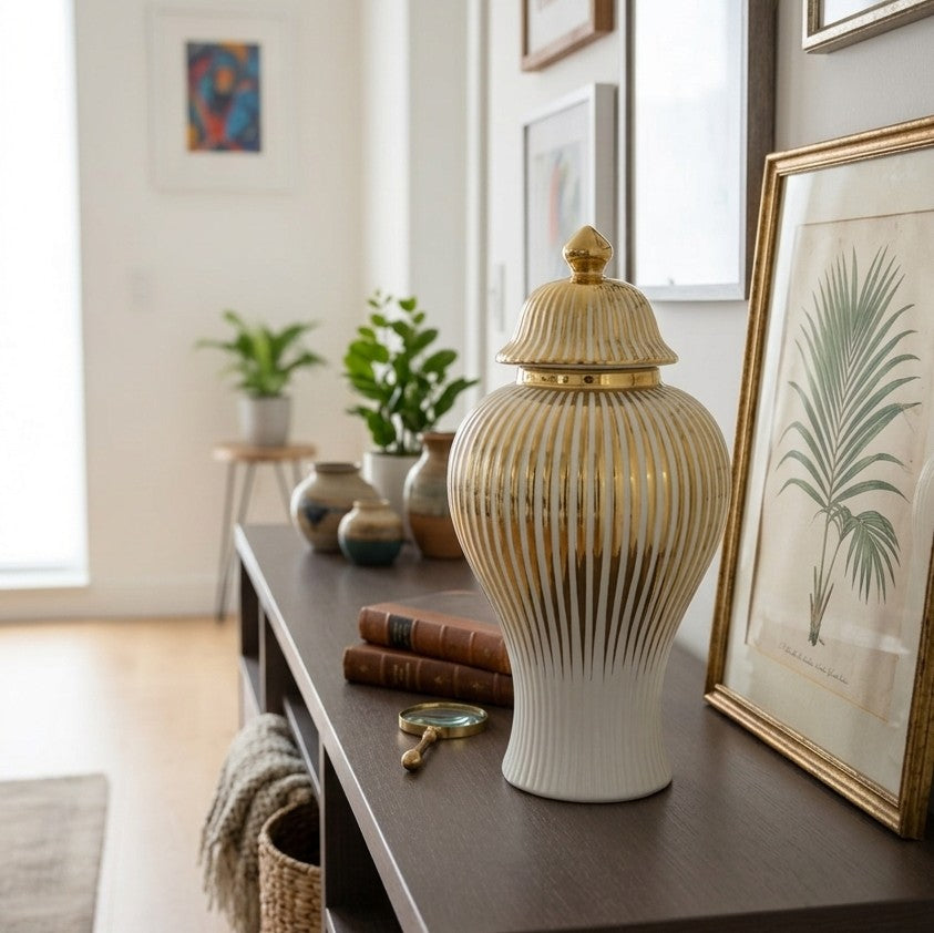 Ceramic Gold Plated White Ginger Vase