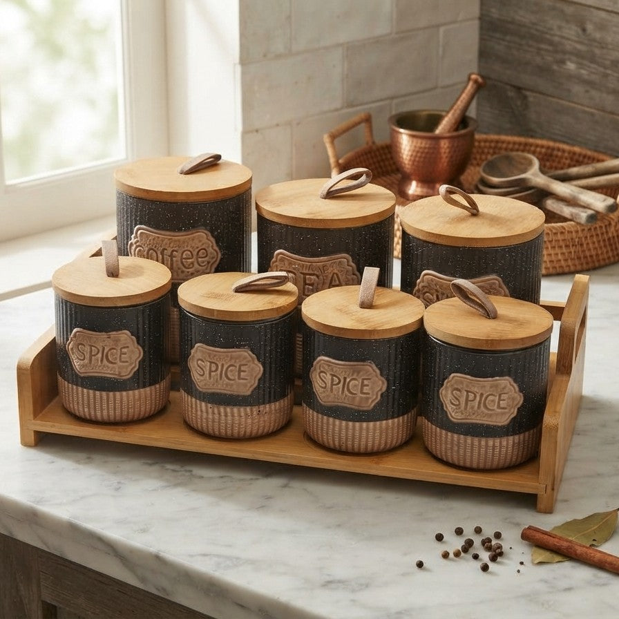 7 Piece Black Rustic Ceramic Canister Set with Wooden Stand
