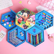 46-piece cartoon themed art set with crayons, oil pastels, sketch and colored pencils, watercolor cakes, and eraser