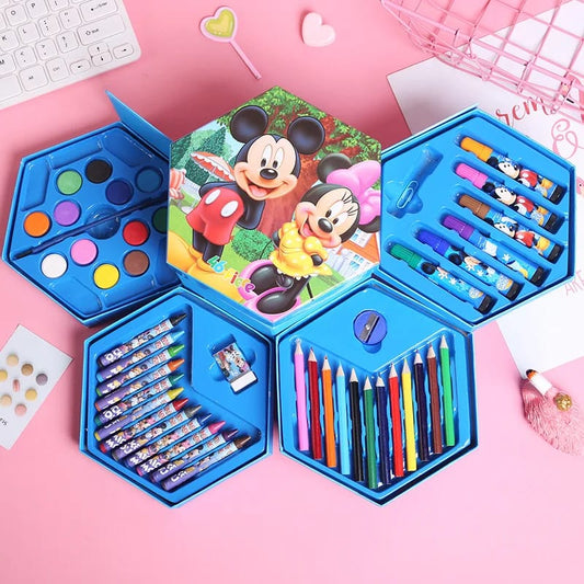 46-piece cartoon themed art set with crayons, oil pastels, sketch and colored pencils, watercolor cakes, and eraser