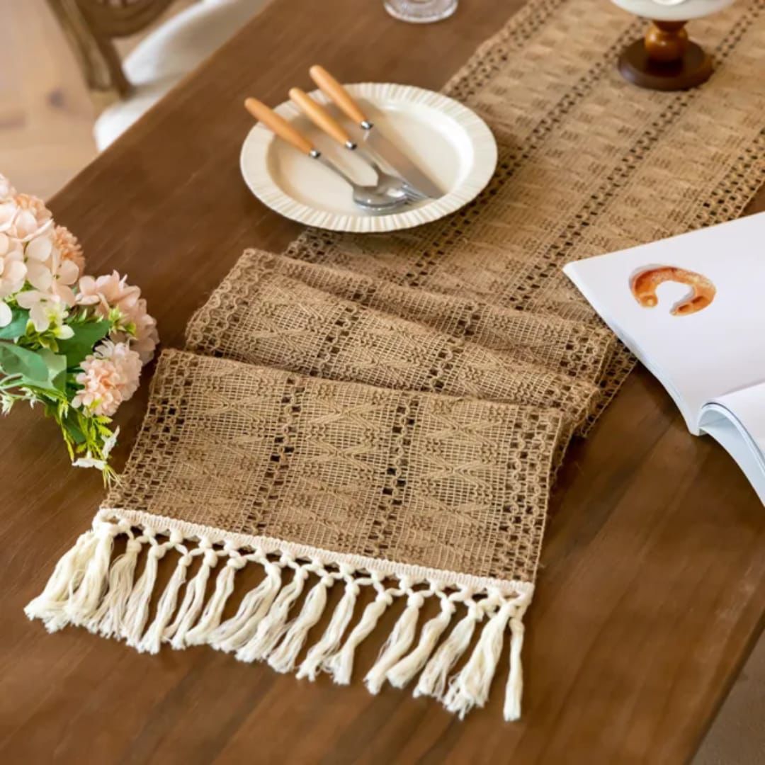 Bohemian style table runner with tassels measuring 30 by 250 cm for decorative dining table styling ✨