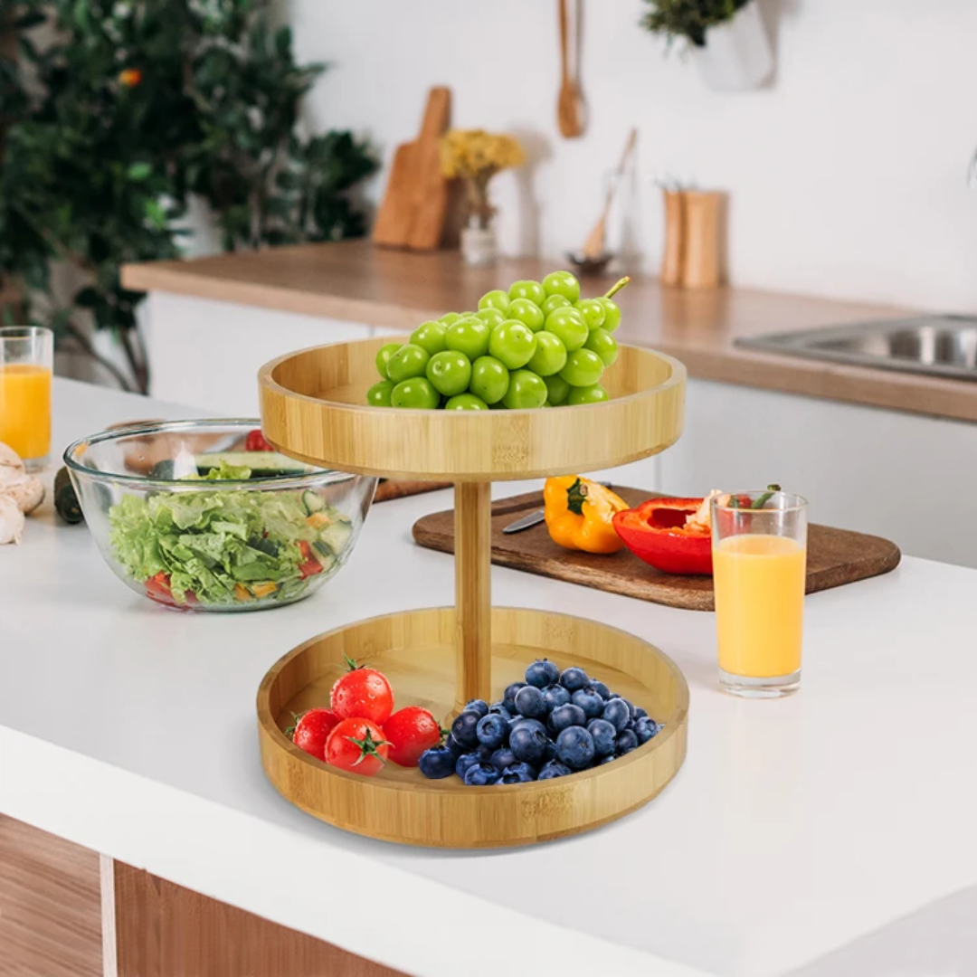 Bamboo double-layer rotating kitchen storage rack for spices, snacks, and drinks

 