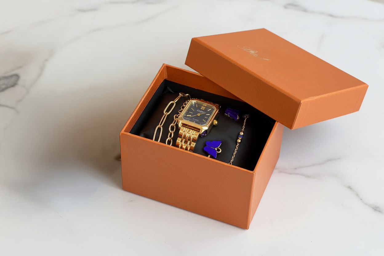 Ladies gift set with wristwatch, bracelet, earrings, and accessories in elegant gift box