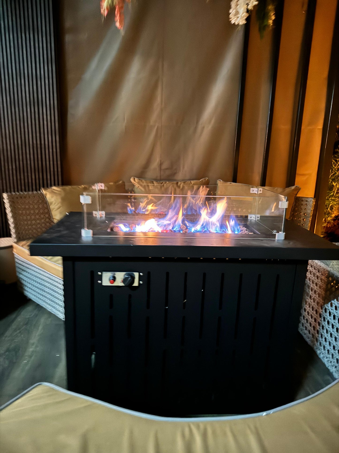 Outdoor Propane Gas Fire Pit Table – 50,000 BTU with Glass Wind Guard