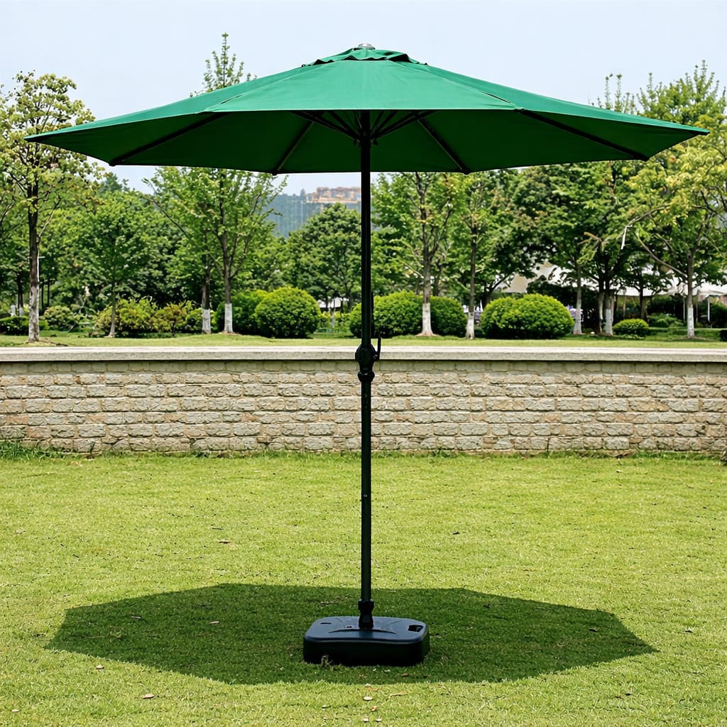 Large outdoor patio umbrella with waterproof polyester canopy, aluminum pole, tilt and crank function, and heavy ceramic base, perfect for gardens and patios.
