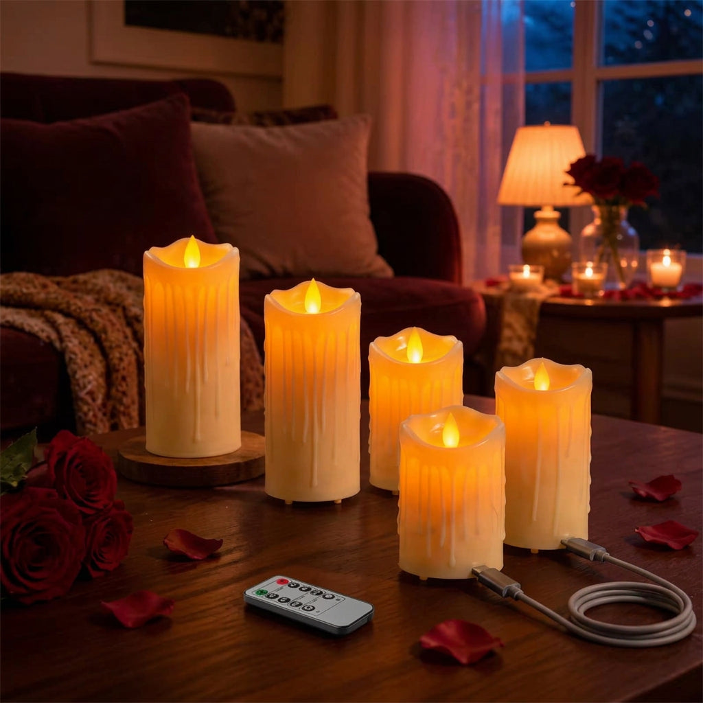 5-Piece Rechargeable LED Candle Set with Dripping Wax Design
