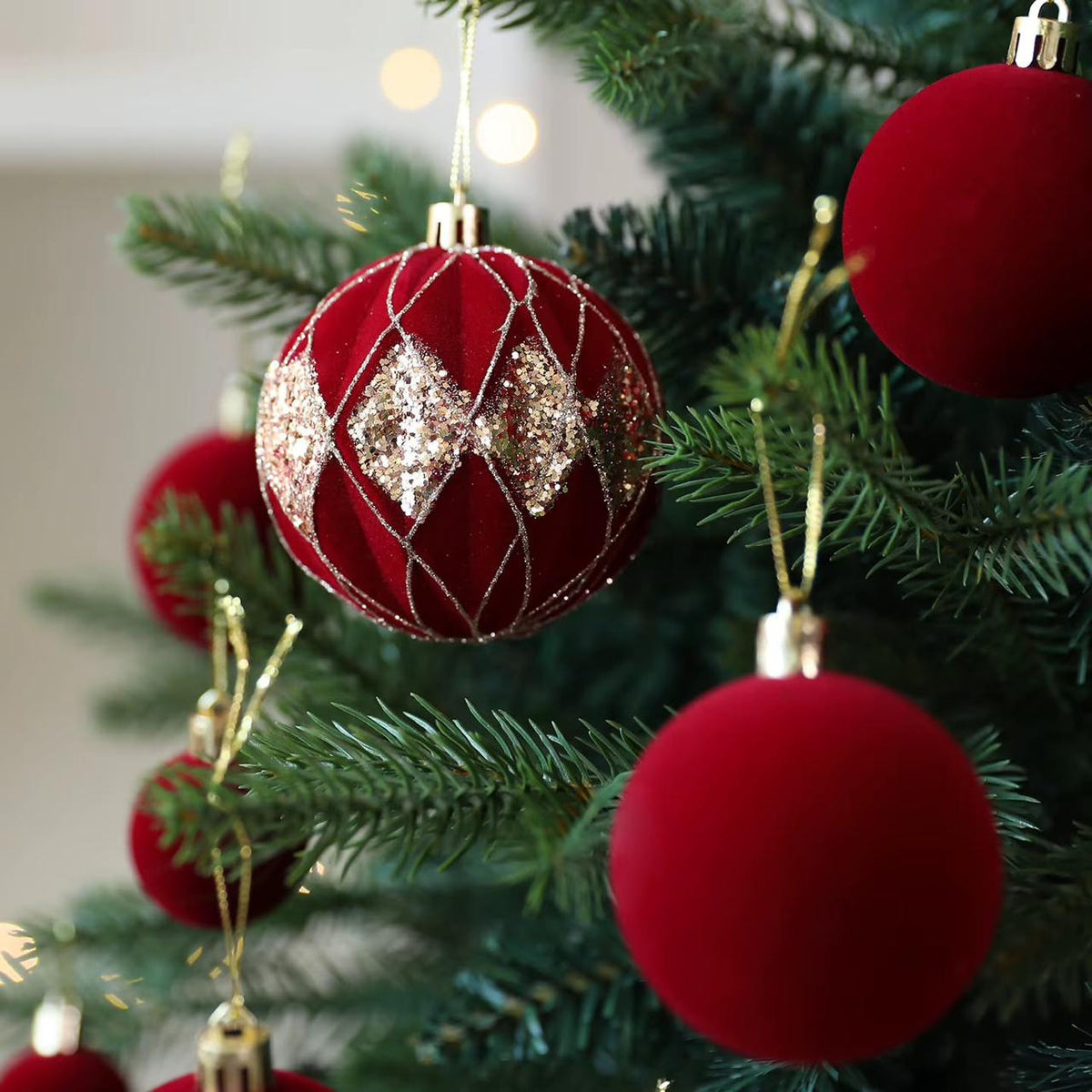 36-Piece Burgundy Velvet Christmas Bauble Set with Gold Glitter Details