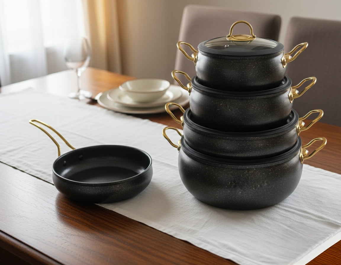 9-piece black granite cookware set with non-stick coating