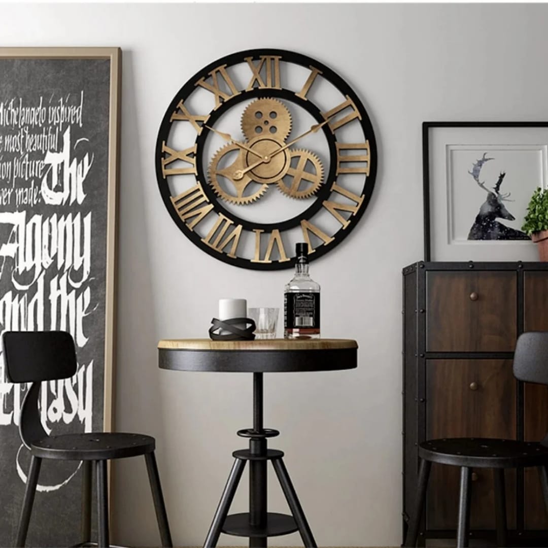 Non moving gears vintage wall clock with decorative industrial design for stylish home and office décor.