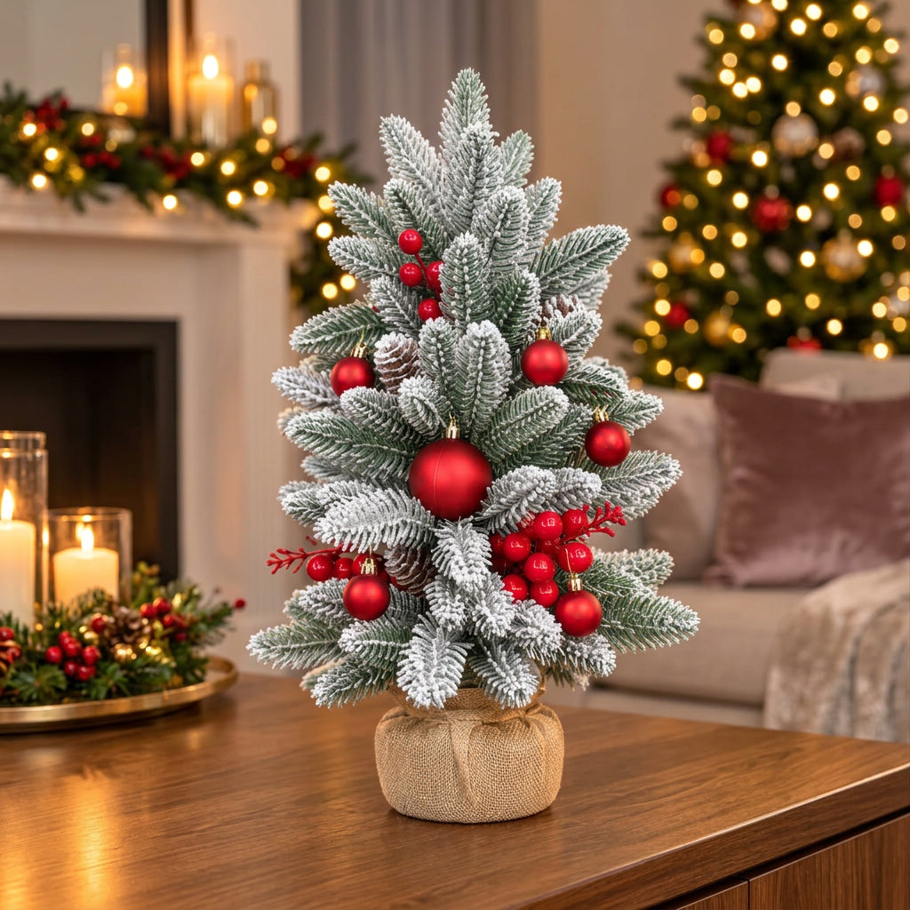 4Pcs Decorated Snow-Dusted Mini Christmas Tree with Red and Gold Ornaments