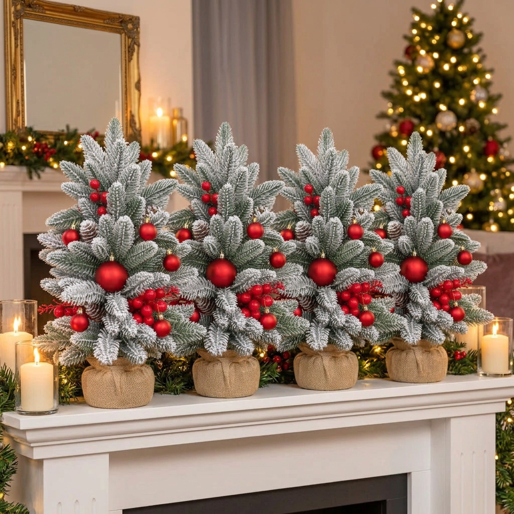 Decorated Snow-Dusted Mini Christmas Tree with Red and Gold Ornaments and Rustic Wooden Base for Tabletop Displays available in Nairobi, Kenya