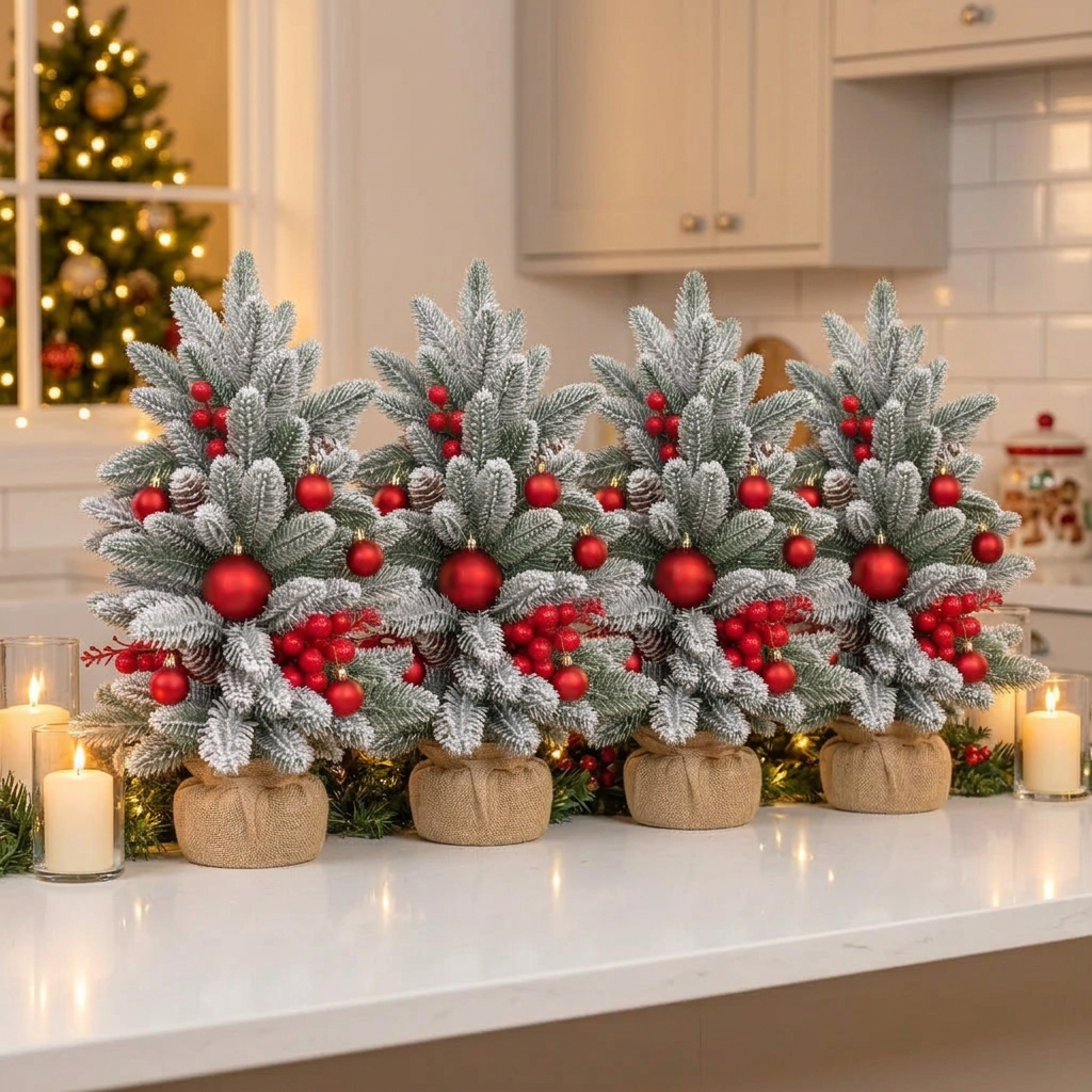 4Pcs Decorated Snow-Dusted Mini Christmas Tree with Red and Gold Ornaments