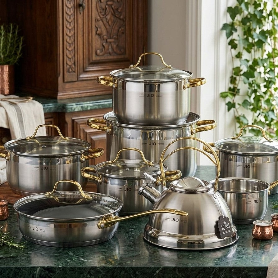 12pcs stainless steel cookware set with kettle, mirror polished finish, and multiple pots and pans for all cooktops. 