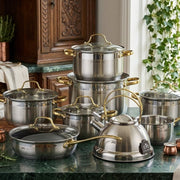 12pcs stainless steel cookware set with kettle, mirror polished finish, and multiple pots and pans for all cooktops. 