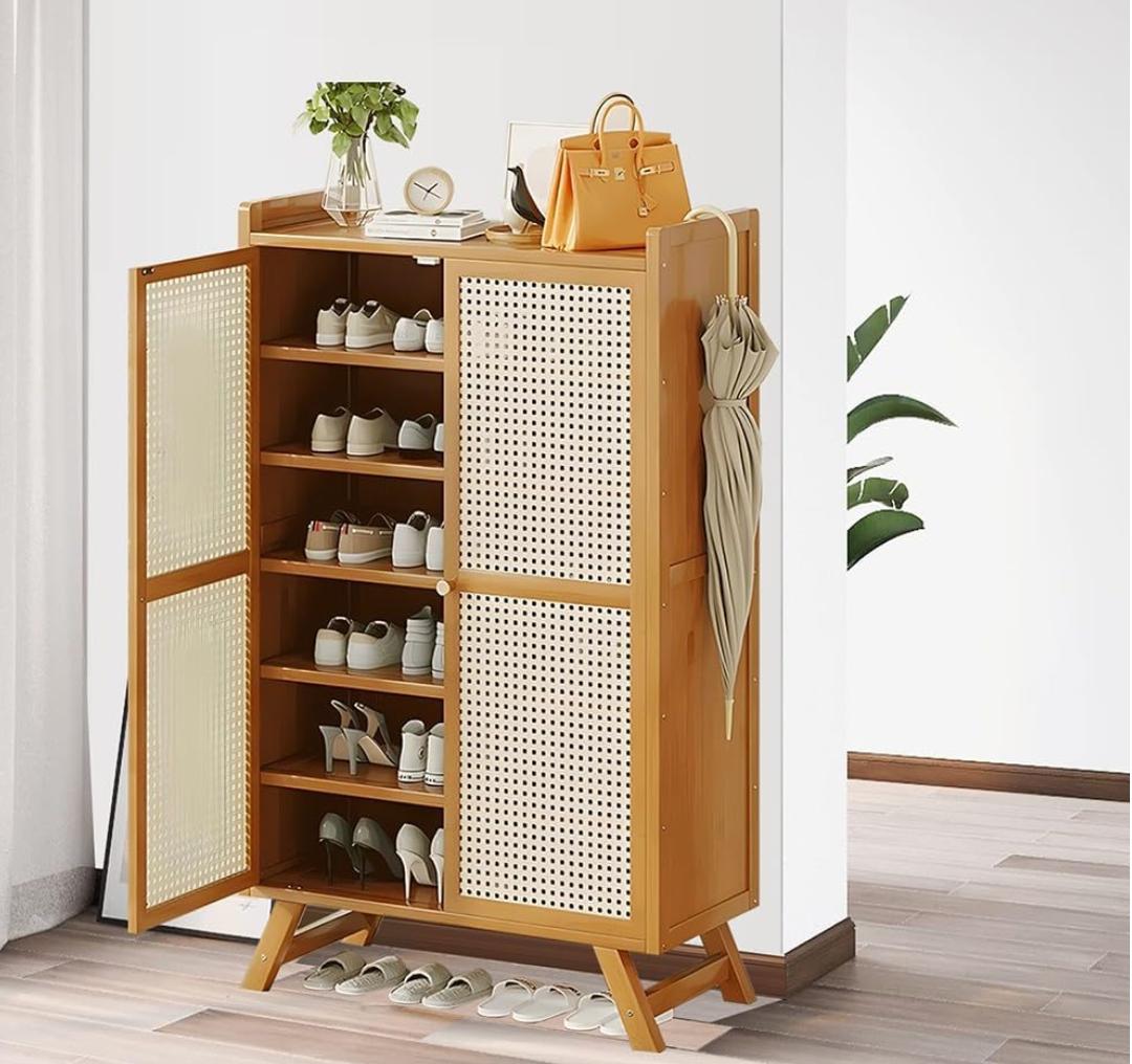 Rattan shoe cabinet with double flip drawers and natural wicker design for stylish footwear storage