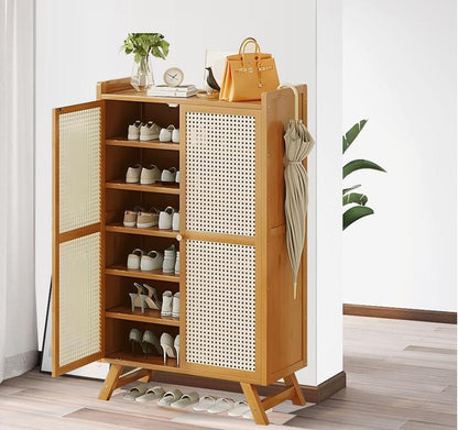 Rattan shoe cabinet with double flip drawers and natural wicker design for stylish footwear storage
