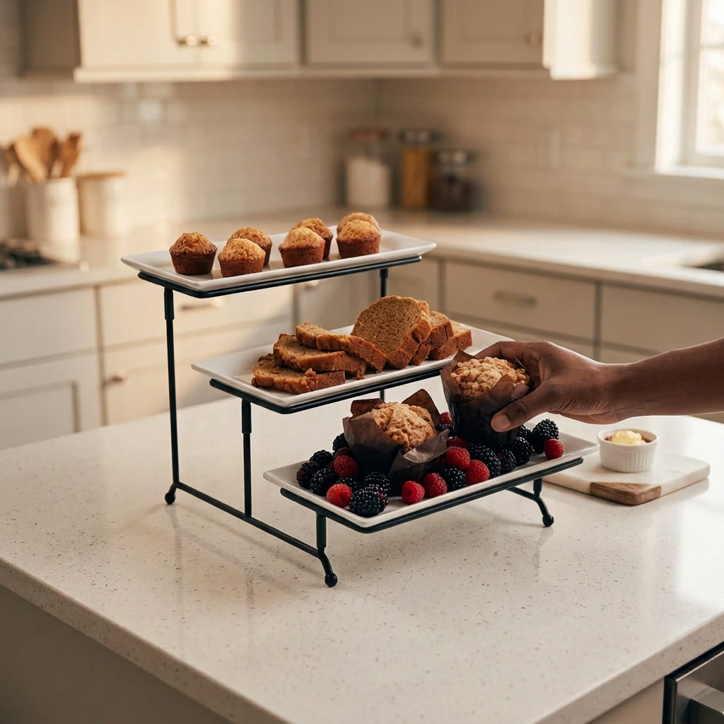 Tier Serving Tray Set with White Stoneware Platters