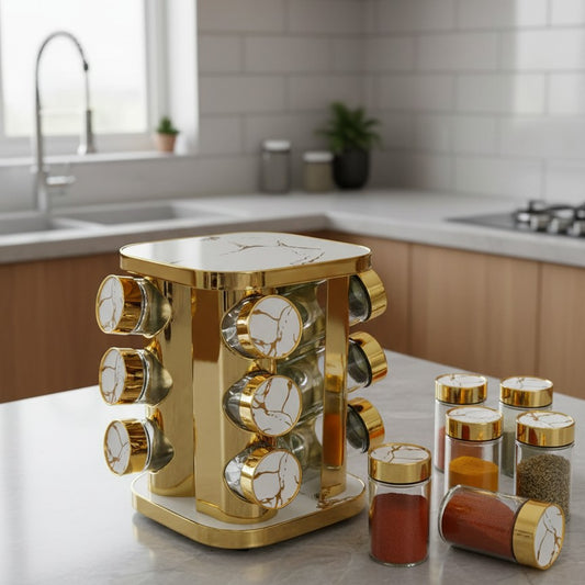 rotating spice rack with 12 glass jars 100ml black and white