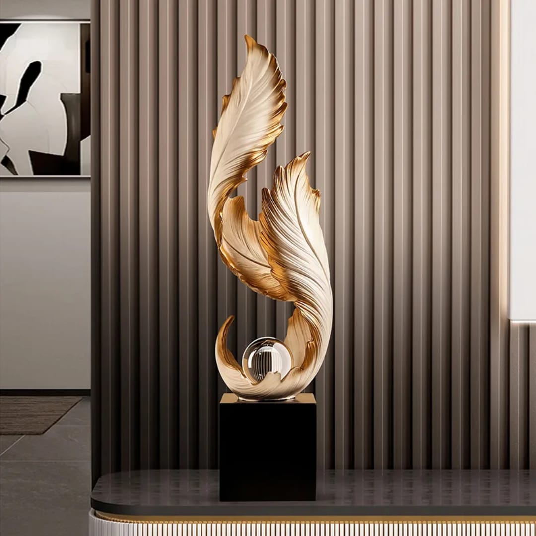 Dawood Lifestyle & Gadgets kes white and gold feather sculpture with crystal ball on black base decorative resin ornament 70cm