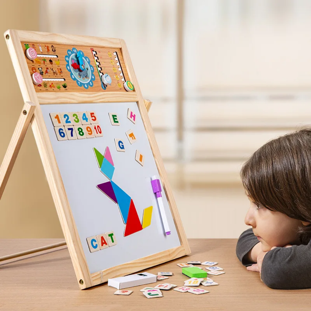 Child playing with a wooden educational toy on a table