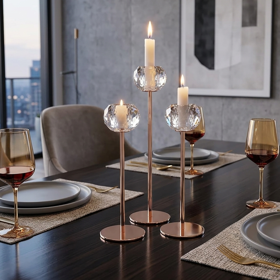 Set of three metallic candle holders in black, gold, and silver for elegant home décor
