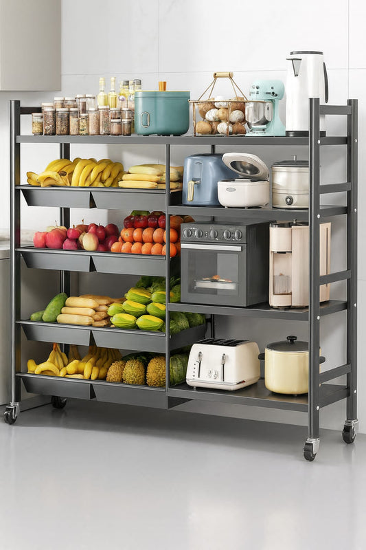 Black multifunctional metallic kitchen rack with eight removable baskets and lockable wheels.