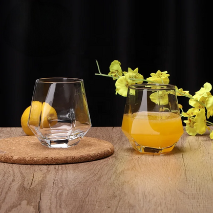 Clear hexagon-shaped whiskey glasses set of six made from transparent glass.
