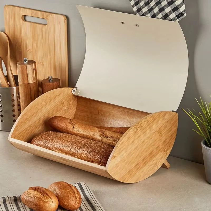 Bamboo Bread Bin with Metallic Cover – Kitchen Bread Storage Container