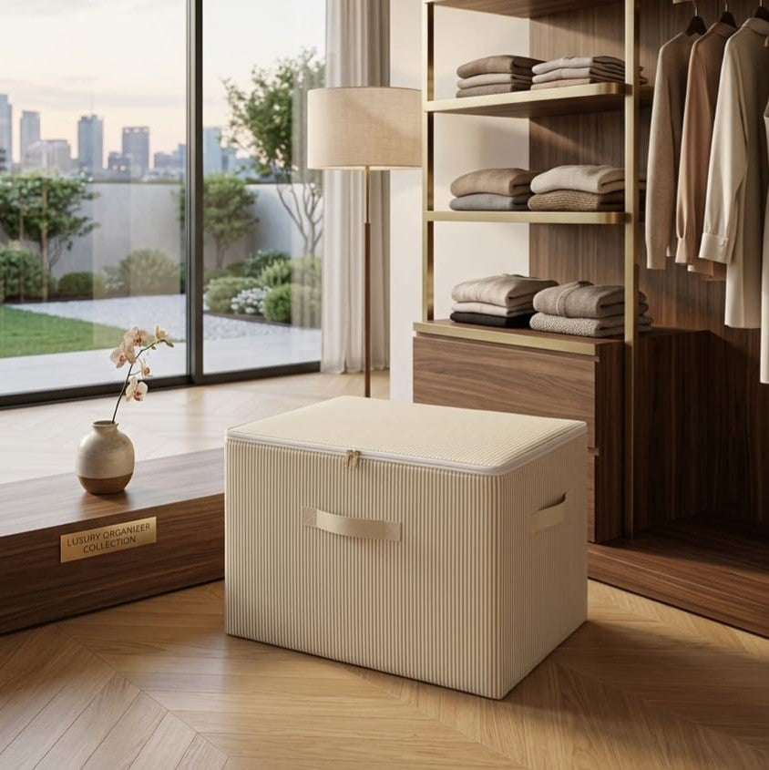 Collapsible zipper storage box 45x30x30cm, wardrobe organizer in grey and beige striped design.