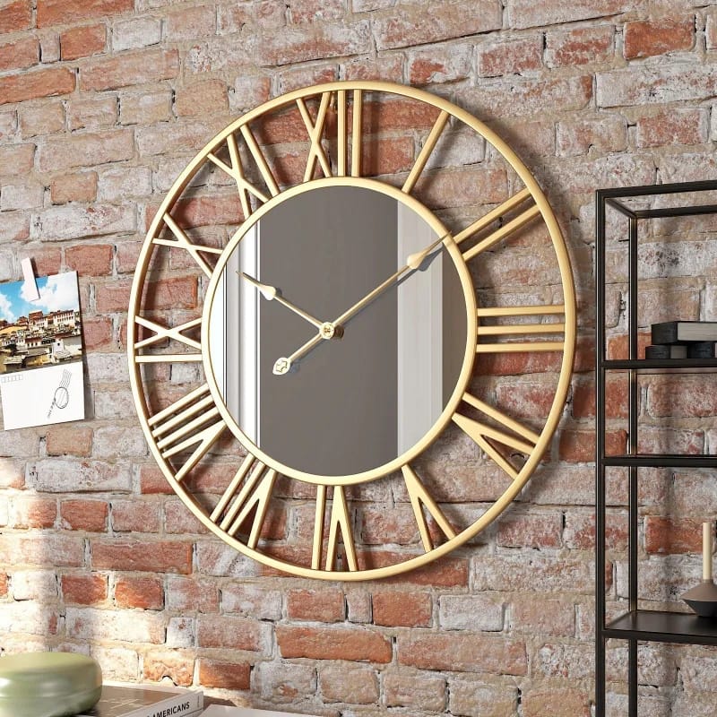 Luxury gold metal wall clock with mirror accents, Roman numerals, and silent movement measuring 50 cm in diameter.