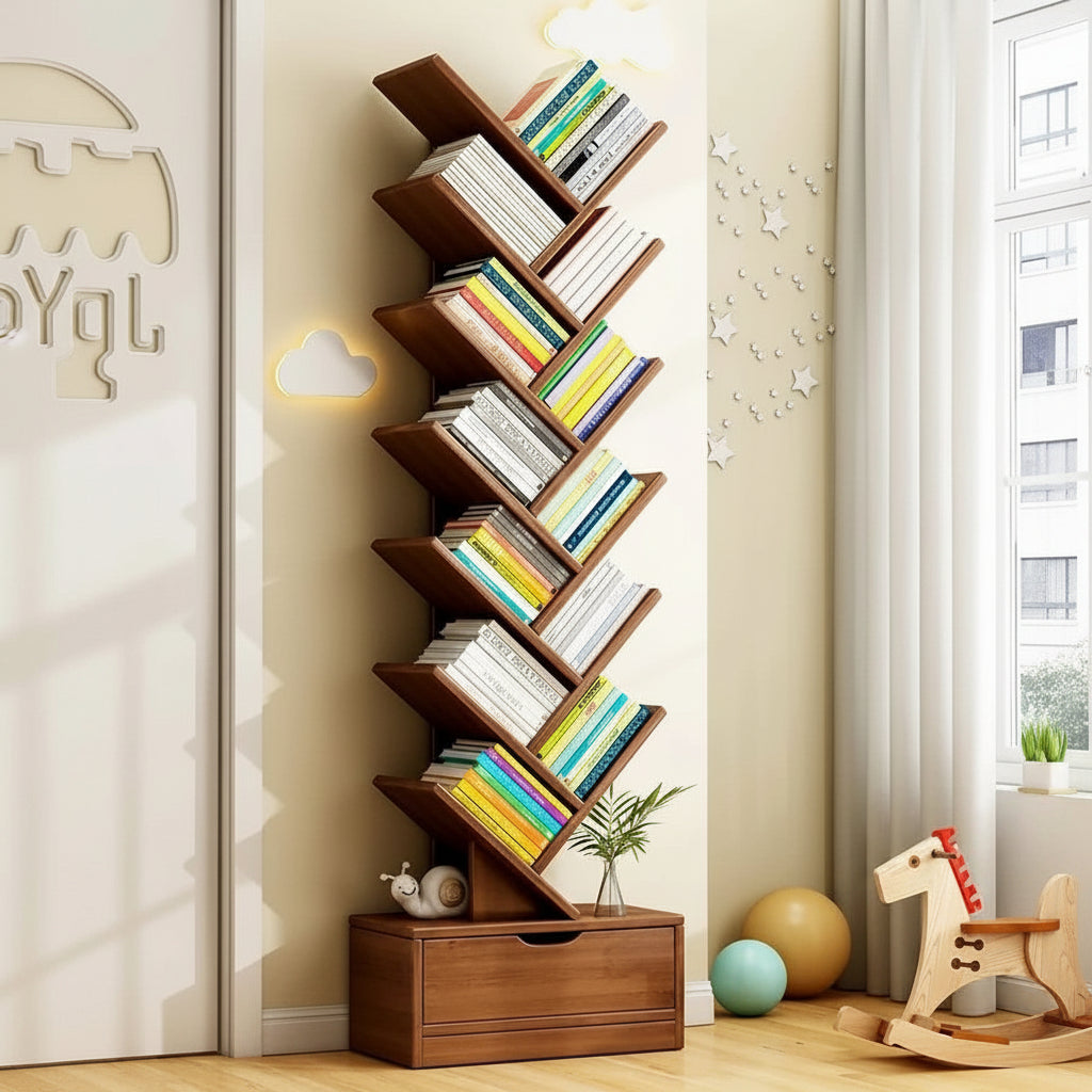 Dark brown tree bookshelf measuring 158 × 34 × 20 cm for organizing books and displaying decorative items in homes and offices.
