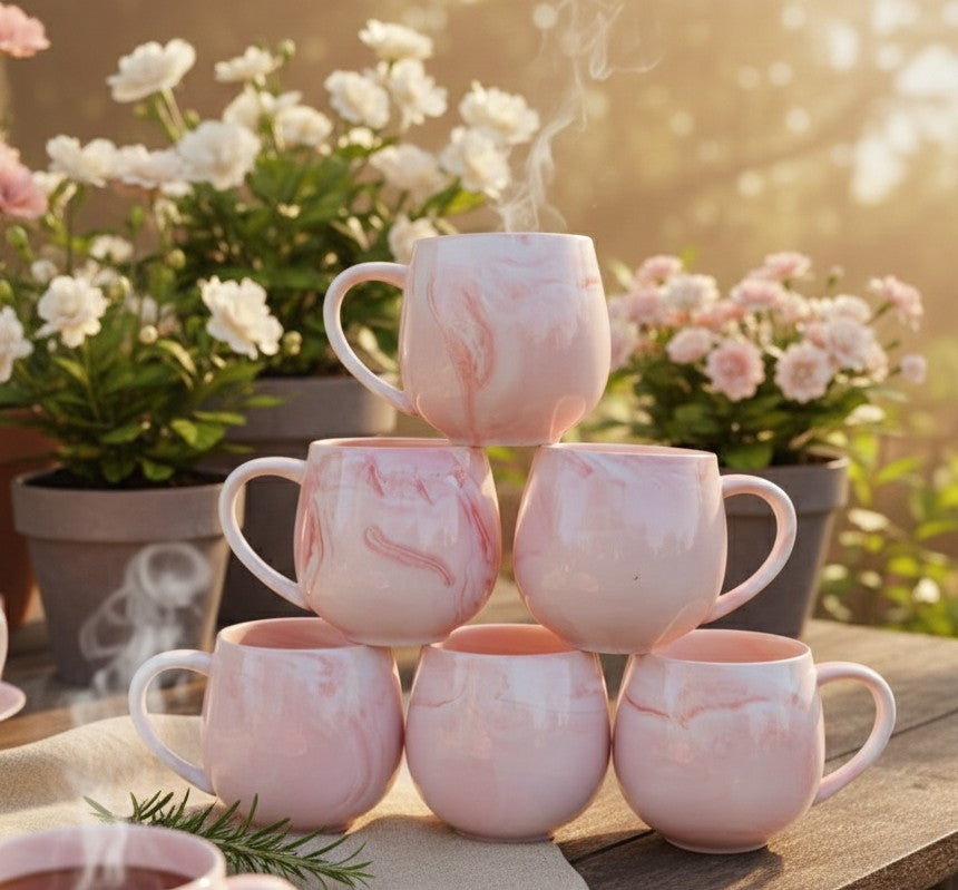 Set of six pot-style ceramic mugs with 380ml capacity each for serving hot beverages