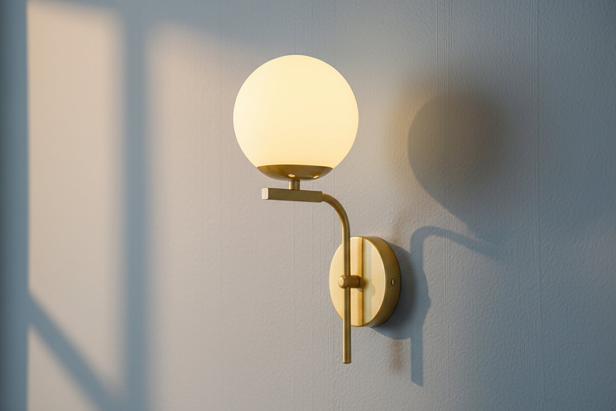 Golden and white wall lamp with iron frame and glass shade, E27 indoor lighting fixture